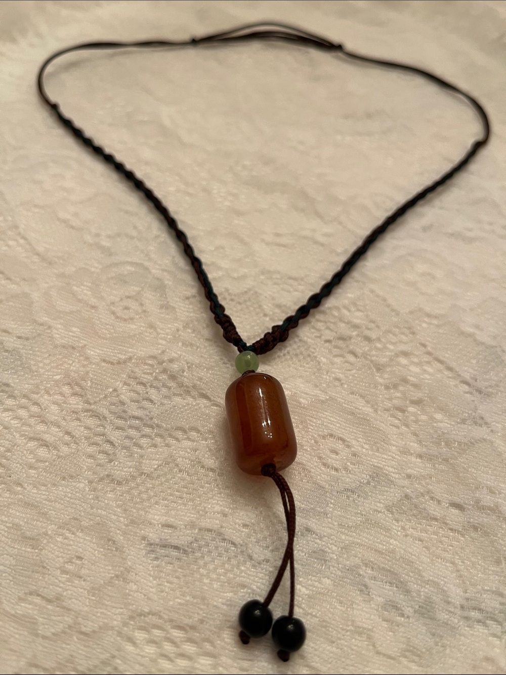 Brown Agate Bead Cord Necklace with Green Accent